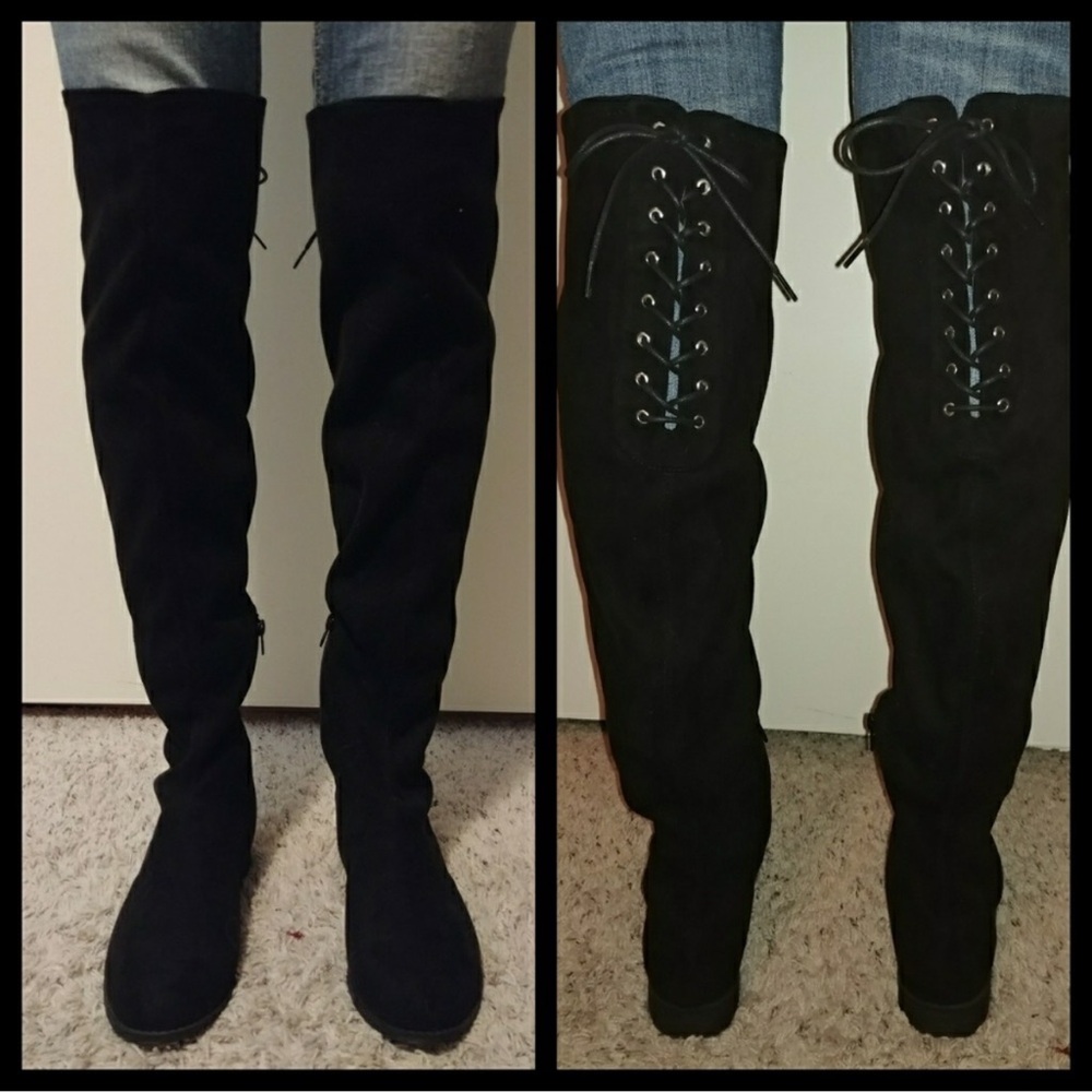 Windsor black knee high boots back lace up detail